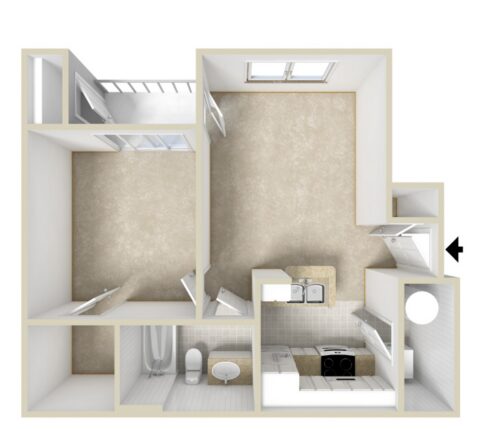 3D floor plan of a small apartment with one bedroom, one bathroom, a kitchen with appliances, and a living area. There are windows in the bedroom and living room, and the entrance is at the right side of the image.