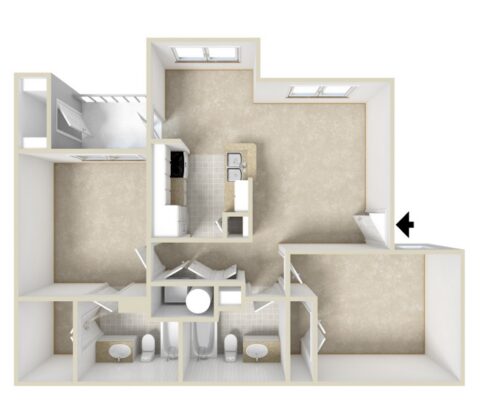 3D floor plan showing a two-bedroom, two-bath apartment with a kitchen, living area, and entryway. Bedrooms and bathrooms are on one side; the kitchen and living area are open and spacious.