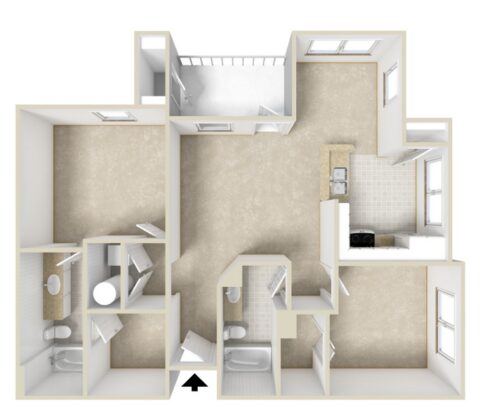 3D floor plan of an apartment with two bedrooms, two bathrooms, a kitchen, a living room, and a balcony. Entry is at the bottom center. Bedrooms and bathrooms are on the left; kitchen and living room on the right.