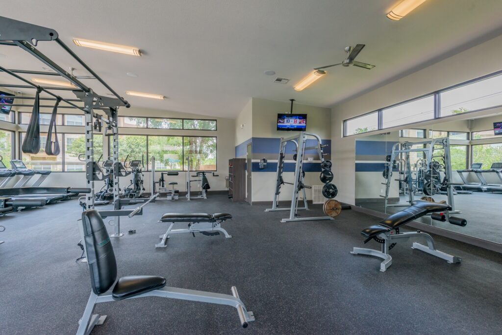 Fitness center equipment of various types in a large room with windows and mirrors