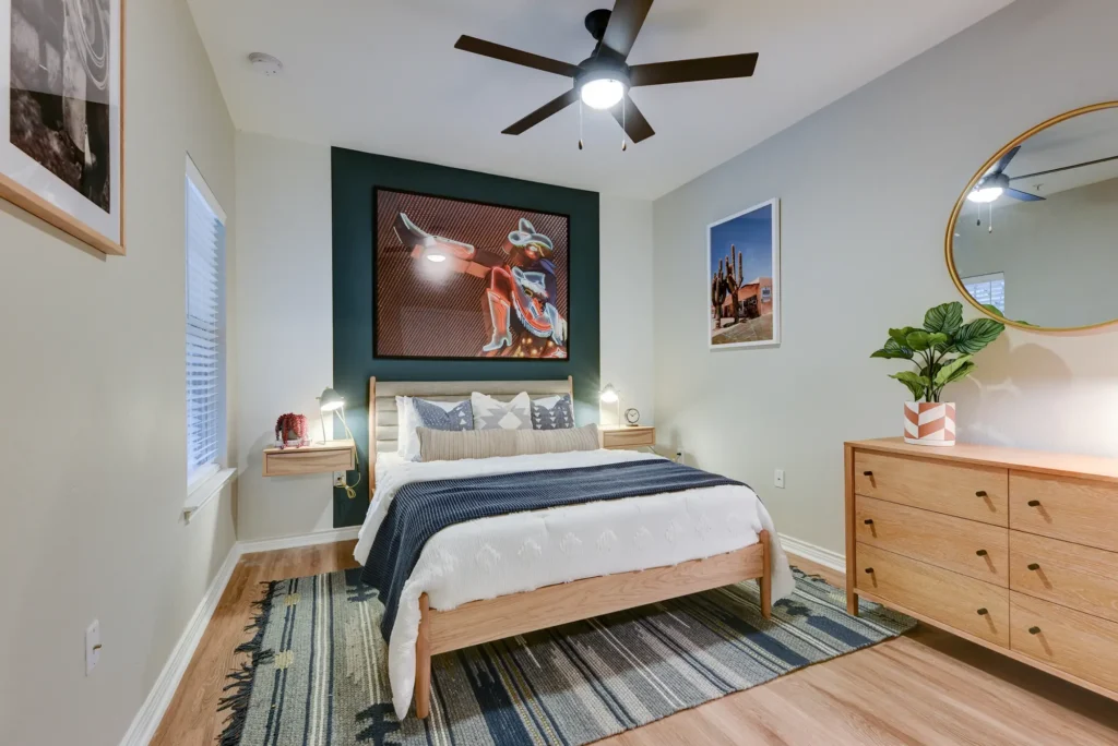 Bedroom in one-bedroom apartment at Laurel Canyon in San Antonio