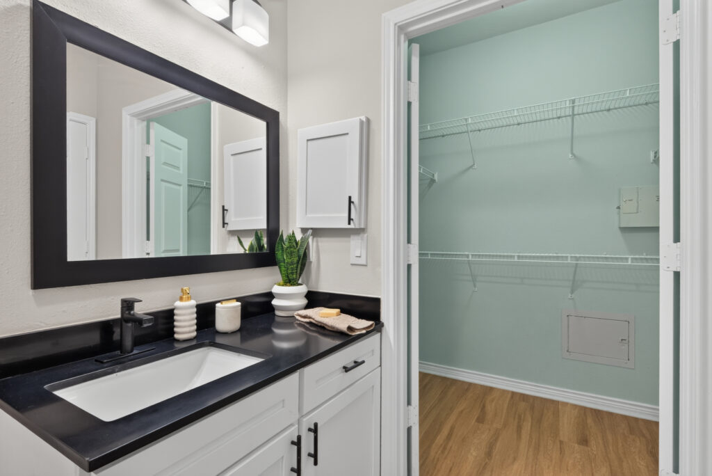 A modern bathroom with a black countertop, white cabinets, a large mirror, and decorative items. An open door reveals an empty walk-in closet with light teal walls and white wire shelves.